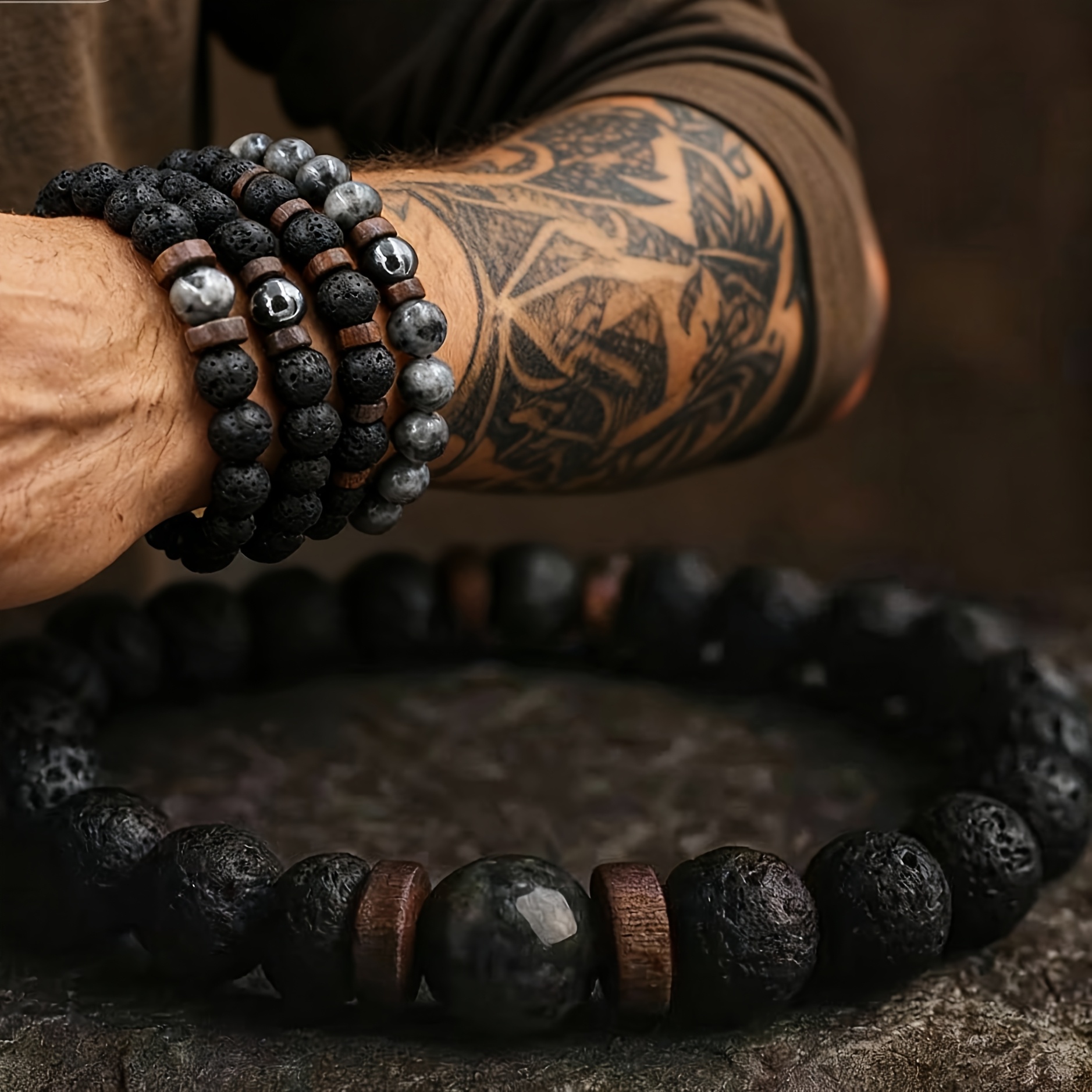 Men's 4pcs Versatile Punk Style Natural Stone Beaded Bracelet Set